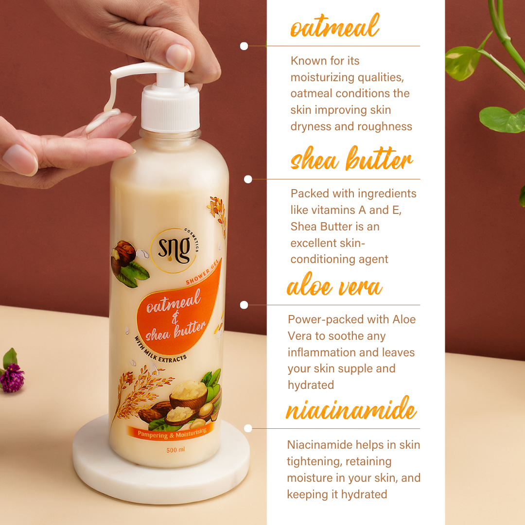 Oatmeal & Shea Butter Shower Gel + Aloevera and Vitamin E Light Hydra Boost Face Moisturiser + Honey & Saffron Facewash (500ml + 150ml + 100ml)