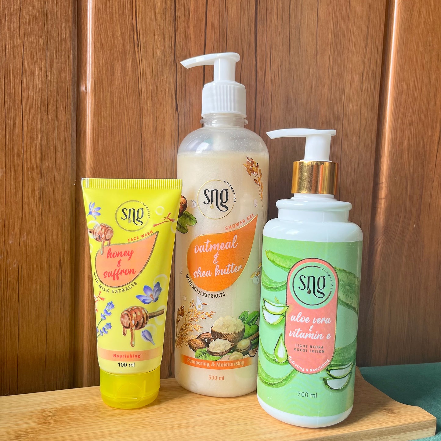 Oatmeal & Shea Butter Shower Gel + Aloevera and Vitamin E Light Hydra Boost Body Lotion + Honey & Saffron Facewash (500ml + 151000ml + 300ml)